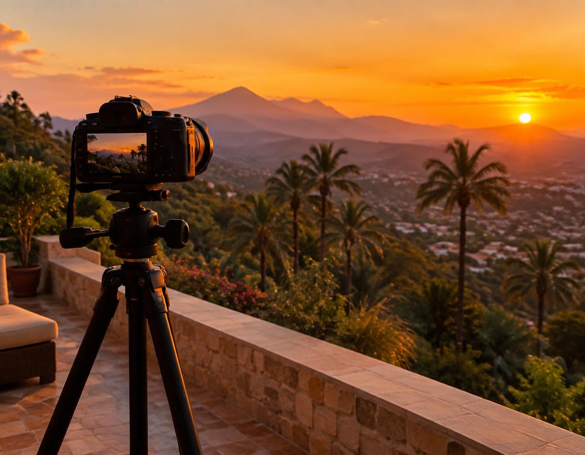 Camera on a tripod filming a sunset over mountains