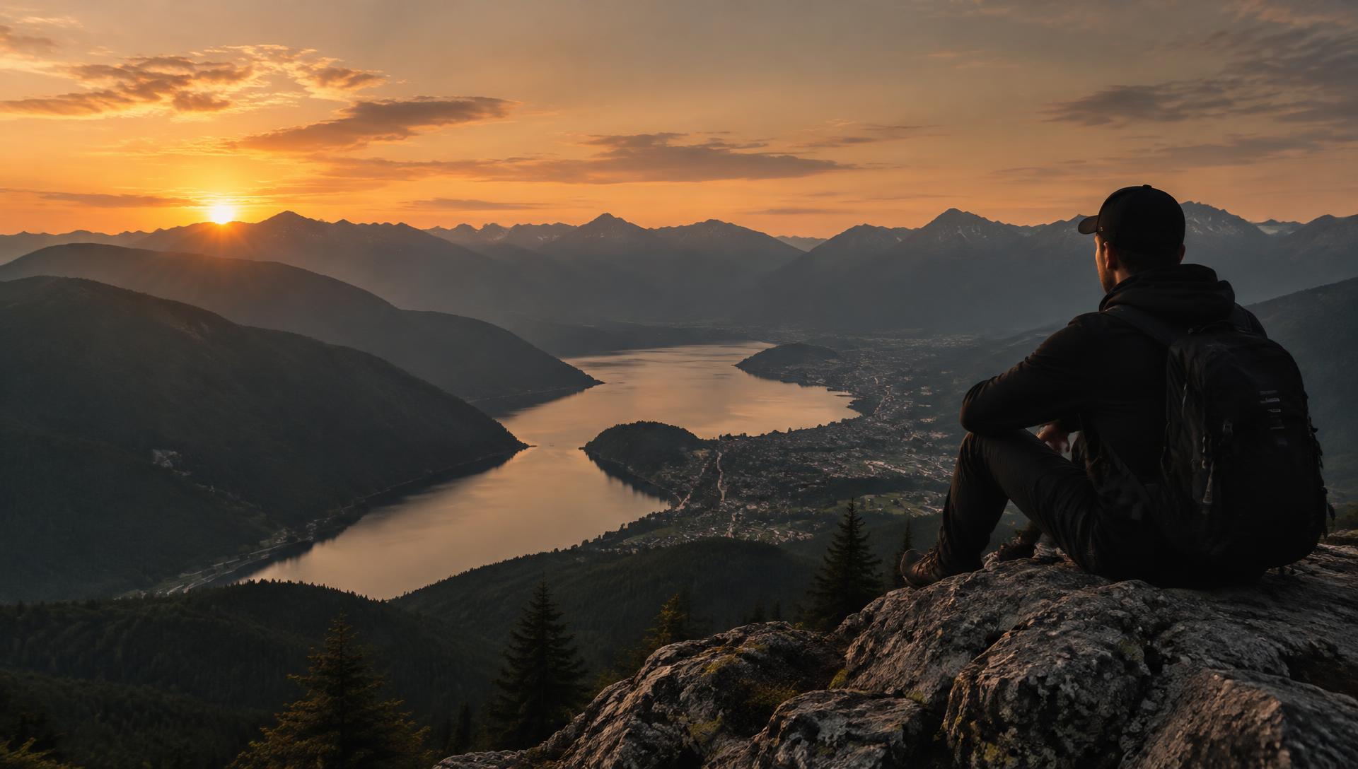 Hiker with a backpack overlooking a mountain valley at sunset