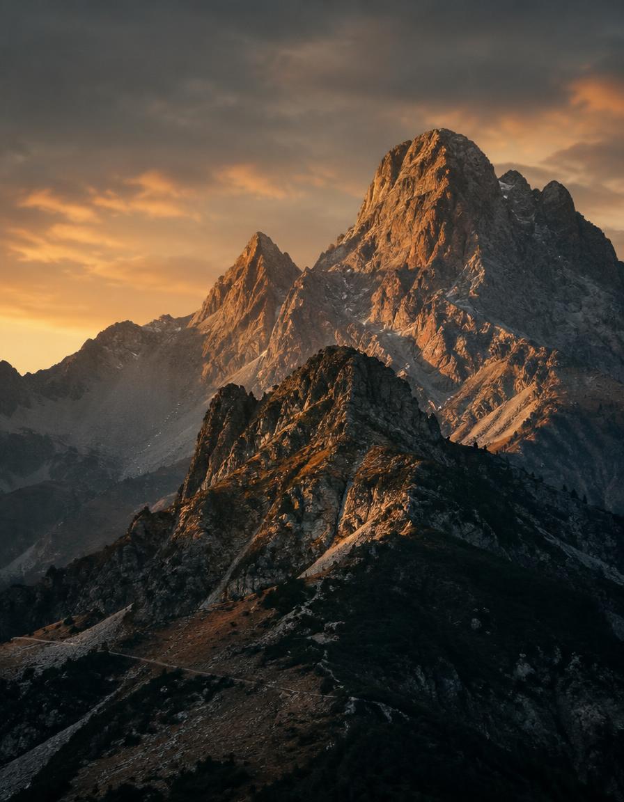 Sunlit rocky mountain peaks at golden hour