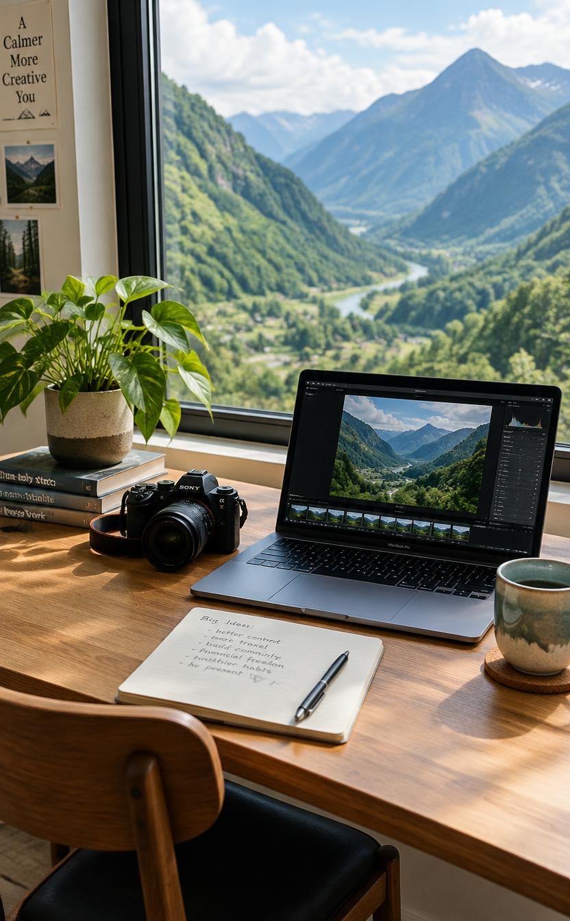 Creative workspace with camera and laptop facing a mountain valley